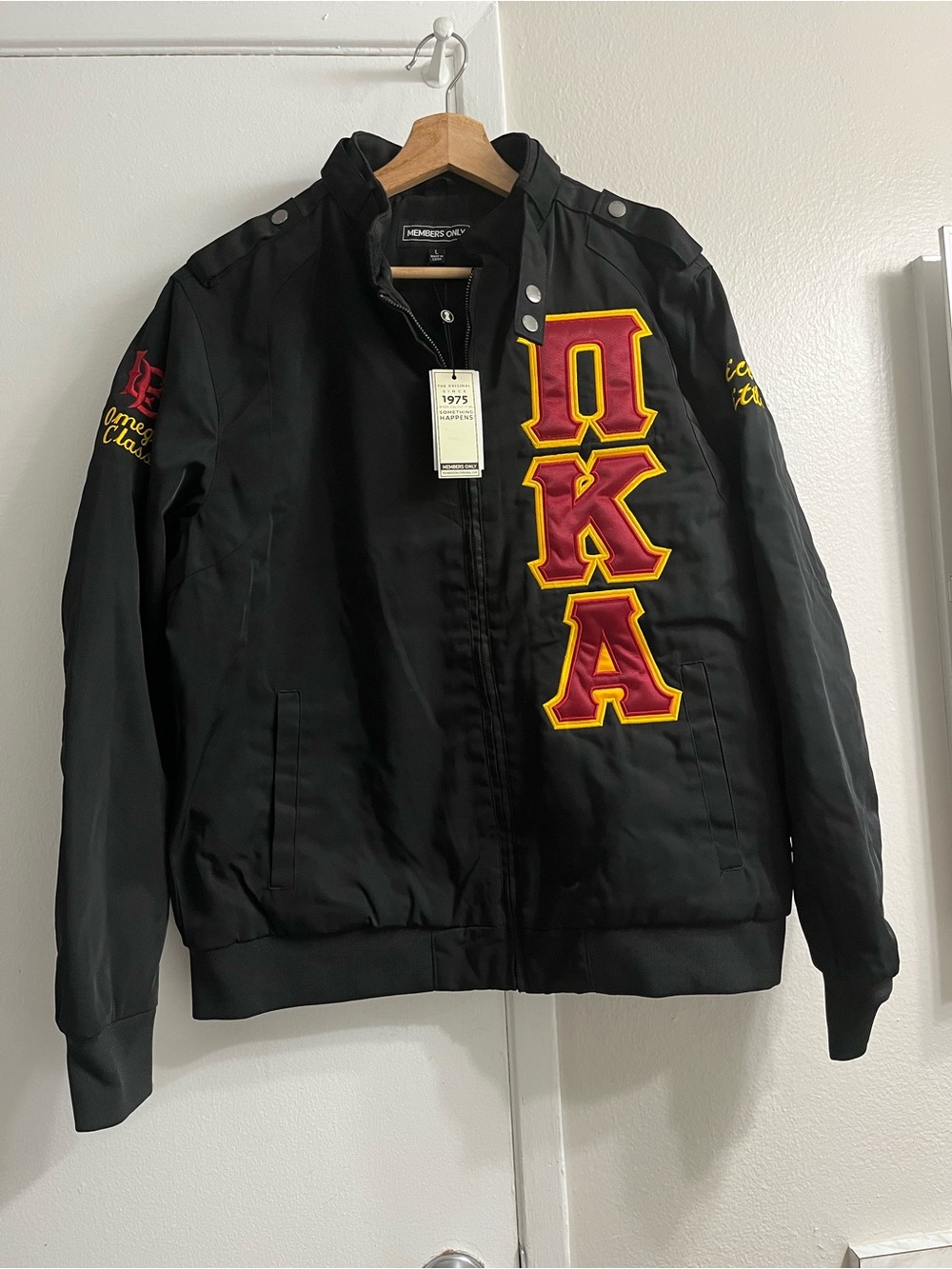 Members Only Black Bomber Jacket with Red & Gold Lettering